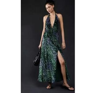 New FREE PEOPLE Glitter & Gold Midi Sequined Halter Dress Size LARGE Open Back